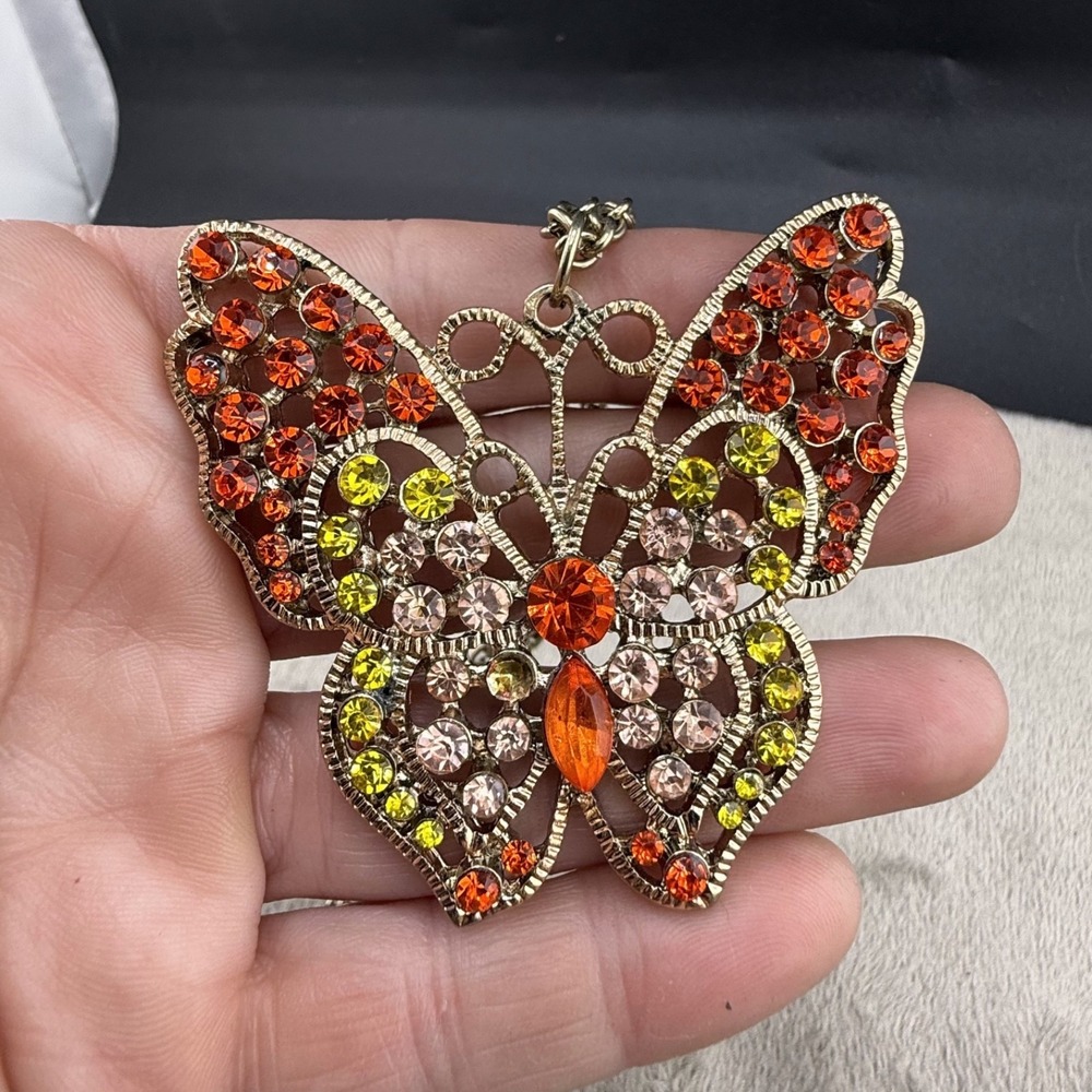 Estate Butterfly Necklace Gold Tone Rhinestone Orange Adjustable 32"